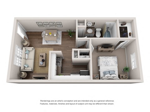 Floor plan for 1 bed, 1 bath, 629 sqft